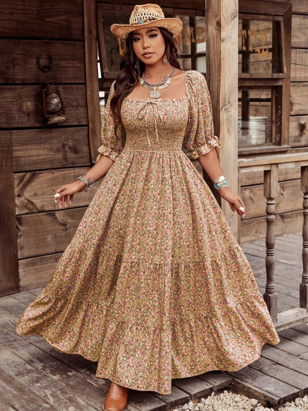 Boho Women's Plus Size Square Neck short sleeve Floral Maxi Dress - Picture 3 of 5